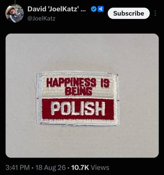 The image shows a tweet from David 'Joel Katz' (@JoelKatz) featuring an embroidered patch that reads "HAPPINESS IS BEING POLISH" in red and white text. The post, dated 18 Aug 26 with 10.7K views, includes the hashtag #XRP and the caption "Rises with Lucifer," seemingly drawing a playful contrast between the wholesome pride message on the patch and the satirical crypto/religious reference in the accompanying text.