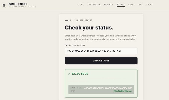 A screenshot of the ARCLINGS website's status page showing a "WL / HOLDER STATUS" check that returns "✓ ELIGIBLE" for a wallet address, labeled as a "GTO (Raffle Winner)".