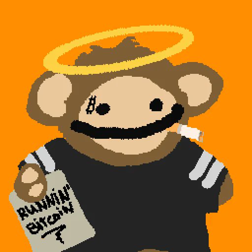 A cartoon illustration on an orange background depicts a bearded monkey-like character with a halo, smoking a cigarette, and holding a paper reading "RUNNIN BITCOIN".