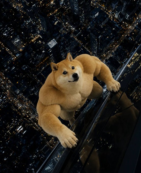 A muscular Shiba Inu, nicknamed "Swole Doge," scales the side of a skyscraper overlooking a city at night. This image ties into the post by visually representing the "Swole Doge" name with the muscular canine's imposing physique against a dramatic urban backdrop.