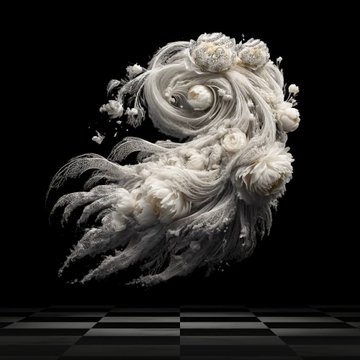 An intricate, swirling 3D white and cream-colored sculptural form resembling a stylized cloud or wave with embedded pearl-like spheres hovers above a checkered floor against a black background.