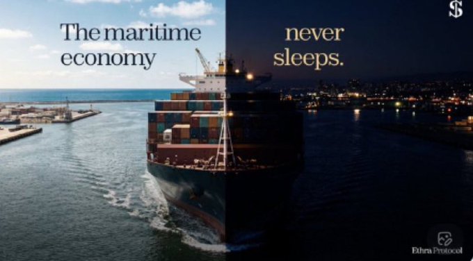 A split-image showing a cargo ship during the day on the left and at night on the right, with the text 'The maritime economy never sleeps.' and a logo for 'Bitcoin Protocol' in the corner.