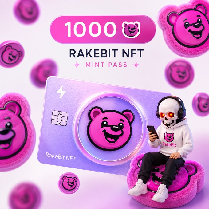 A promotional graphic for 'RAKEBIT NFT' features '1000' tokens, a mint pass card with a bear logo, and a skeleton character wearing headphones and a 'RakeBit' hoodie sitting on a pink bear cushion while using a phone.