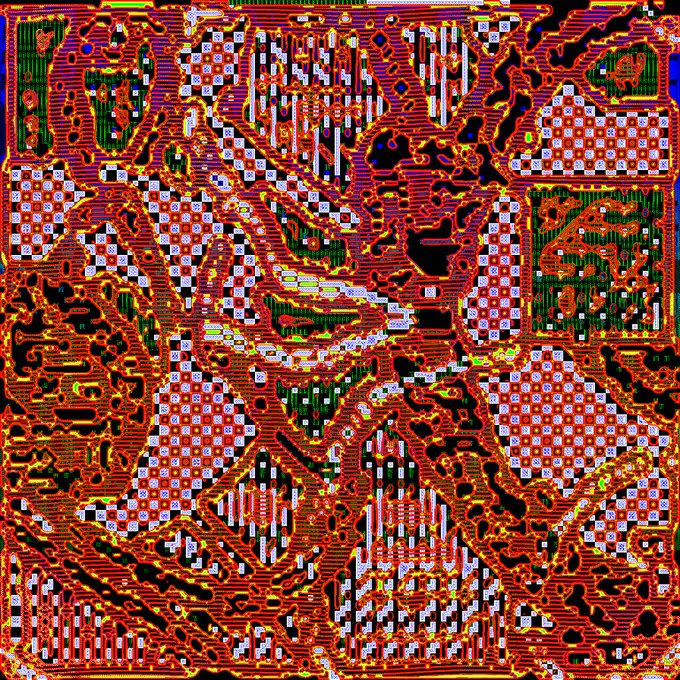 A complex, colorful geometric pattern resembling an electronic circuit board with intricate red, orange, green, and purple designs.