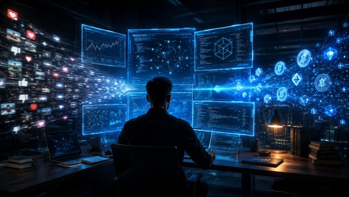 A digital illustration depicts a person from behind, sitting at a desk with multiple glowing blue monitors displaying data, charts, and blockchain networks.