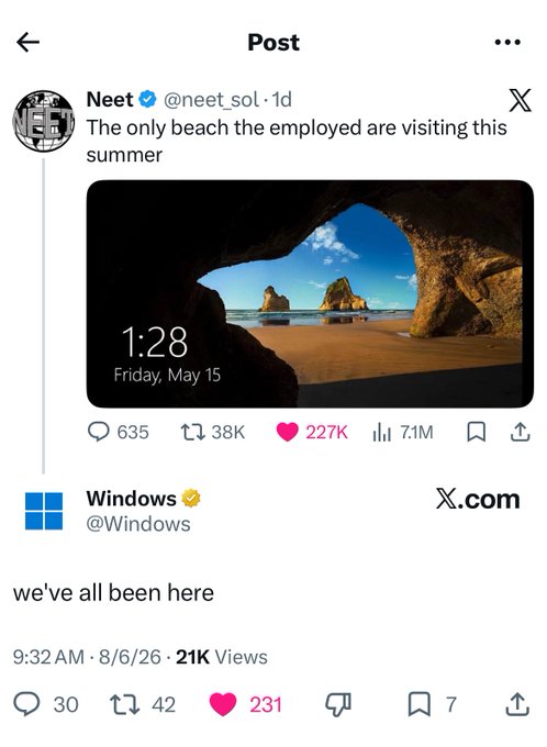 A social media post screenshot showing Neet's tweet "The only beach the employed are visiting this summer" featuring a Windows 11 lock screen with a beach cave background, followed by Windows' reply "we've all been here."