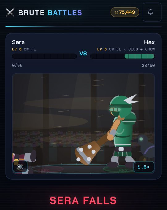 A screenshot from the mobile game 'BRUTE BATTLES' showing a match result where 'SERA FALLS' against the opponent 'Hex,' with Sera at 0/59 health and Hex at 28/60 health.