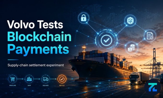 Volvo Tests Blockchain Payments - Supply-chain settlement experiment graphic featuring a cargo ship and icons for procure, ship, deliver, and settle.