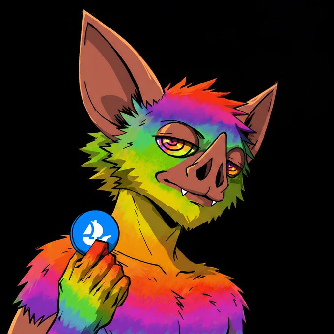 A rainbow-furred bat-like creature with large pointed ears and yellow eyes holds up a blue button displaying the OpenSea logo. The vibrant, colorful character ties into the promotional post announcing an exclusive free mint for Hoodrat holders, with the OpenSea branding on the button reinforcing the NFT drop announcement.