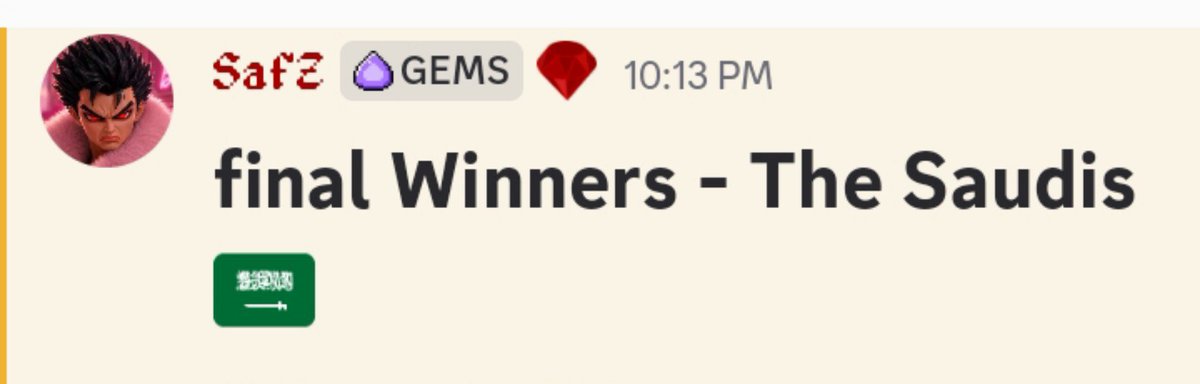 A social media post by user 'Safe' tagged with a GEMS badge at 10:13 PM, headlined 'final Winners - The Saudis' alongside a Saudi Arabia flag emoji.