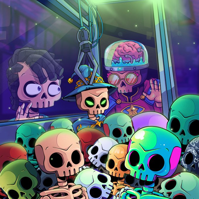 A colorful cartoon illustration showing a skeletal figure being lowered on a hook into a crowd of skeletons, with two other skeleton characters looking on through a window.