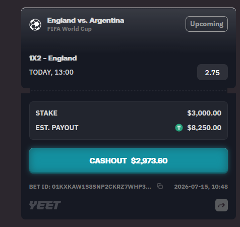 The image shows a "YEET" betting slip for an upcoming FIFA World Cup match between England and Argentina, with a $3,000 stake on a "1X2 - England" bet at 2.75 odds, offering an estimated payout of $8,250 and a cashout option of $2,973.60. It relates to the post by showcasing the user's confident England bet following their Spain win, promoting the "HERRO" promo code for fee refunds on the YEET platform.