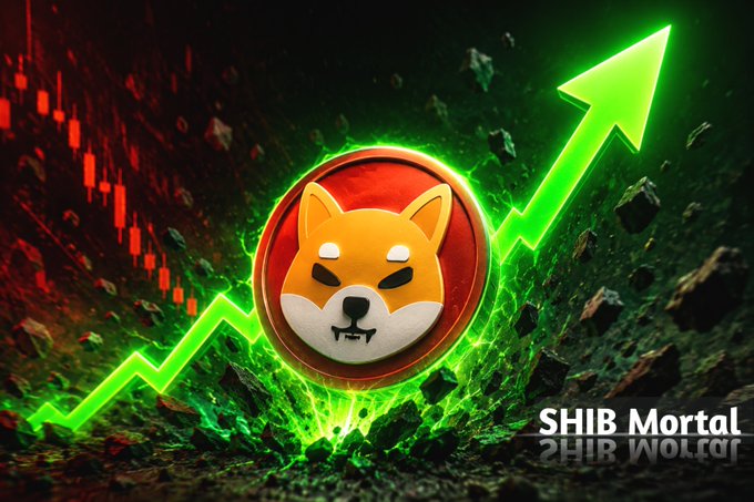 The image showcases the Shiba Inu ($SHIB) token logo prominently displayed against a green upward arrow and chart, visually representing the +6% price surge described in the post while the broader market declines. The "SHIB Mortal" watermark reinforces the bullish leadership narrative, capturing how SHIB is defying the red, bleeding market with climbing green candles that attract attention from sidelined observers.