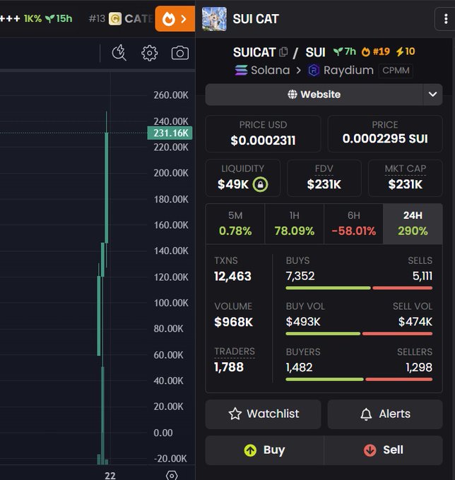 Screenshot of a crypto trading app showing SUICAT/SUI token on Solana via Raydium, with price $0.0002311 USD, liquidity $49K, FDV $231K, market cap $231K, and a price chart showing a 231.16K spike.