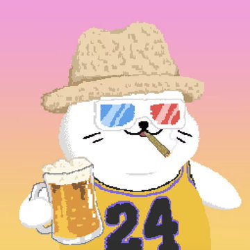 A cartoon white cat character wearing 3D glasses, a straw hat, a yellow jersey with the number 24, and holding a mug of beer against a pink and orange gradient background.