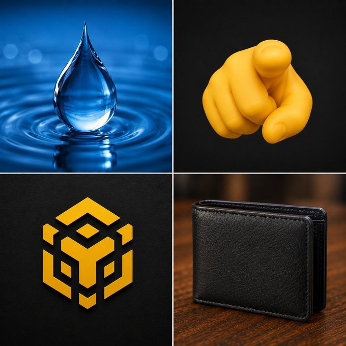 A four-panel composite image showing a water droplet, a yellow 3D hand pointing, a yellow geometric BNB/Binance logo, and a black leather wallet.