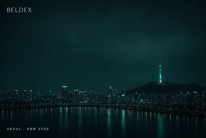 A dark, cinematic cityscape of Seoul featuring the illuminated Namsan Tower, with 'BELDEX' branding and 'SEOUL · KBW 2026' text in the corners.