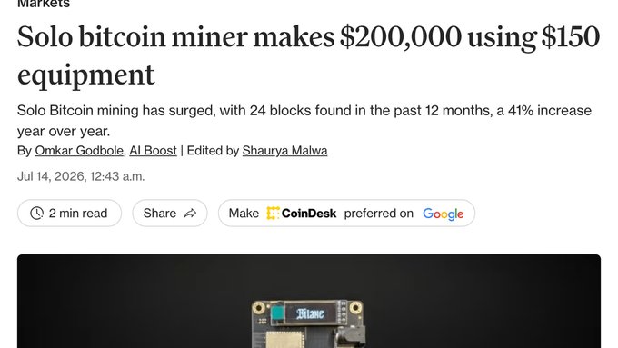 A news article from CoinDesk dated July 14, 2026, headlined "Solo bitcoin miner makes $200,000 using $150 equipment," showing what appears to be a small Bitcoin mining device on a dark background, illustrating the story of an individual using inexpensive hardware to successfully solo-mine a Bitcoin block and earn roughly $200,000.