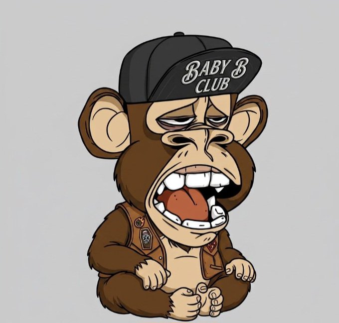 A cartoon illustration of a brown baby monkey wearing a black 'BABY B CLUB' baseball cap and a vest, with a goofy expression and tongue out.