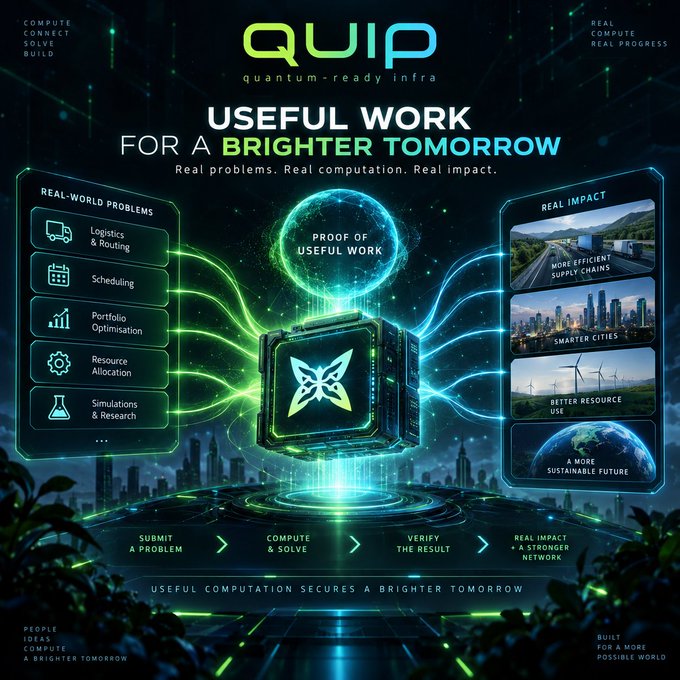 An advertisement for QUIP, a 'quantum-ready infra,' featuring the tagline 'USEFUL WORK FOR A BRIGHTER TOMORROW' and outlining categories like 'REAL-WORLD PROBLEMS' (Logistics, Scheduling) and 'REAL IMPACT' (Supply Chains, Smarter Cities).