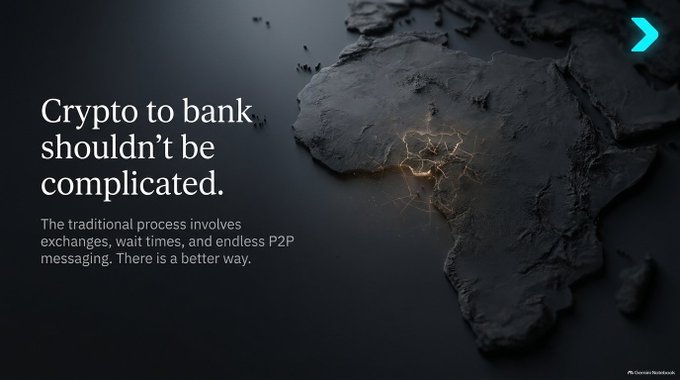 Advertisement showing a dark 3D map of Africa with text 'Crypto to bank shouldn't be complicated' and a description of traditional processes involving exchanges and P2P messaging.