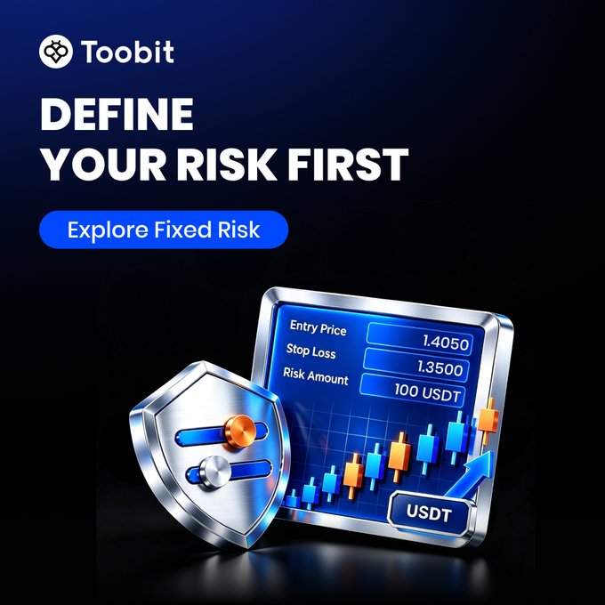 A promotional graphic for the crypto platform Toobit displays the headline 'DEFINE YOUR RISK FIRST' alongside a shield and trading interface.