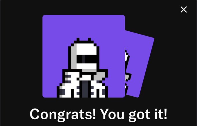 A digital reward screen featuring a pixel art skeleton character on purple cards with the English text 'Congrats! You got it!' below.