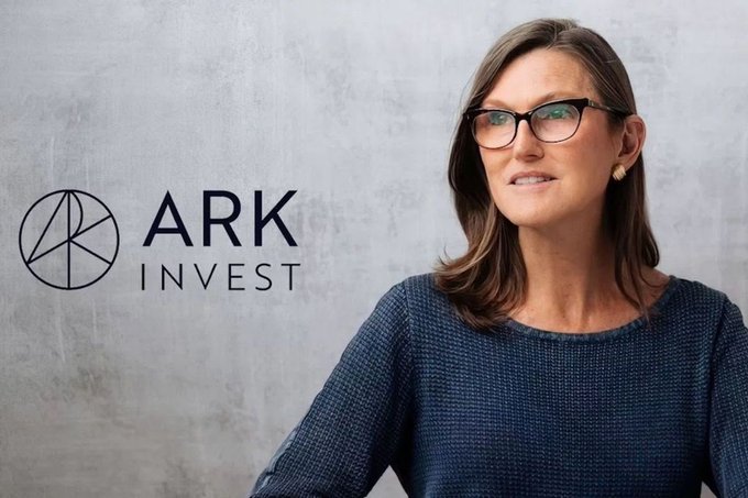 A professional headshot of a woman with glasses, with the 'ARK INVEST' logo and text displayed to her left against a textured gray background.
