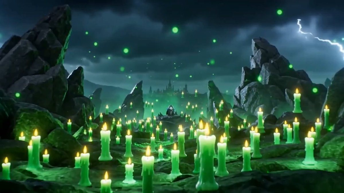 A dark, atmospheric fantasy landscape illuminated by hundreds of glowing green candles, with a hooded figure in the distance beneath a stormy sky and floating green lights.