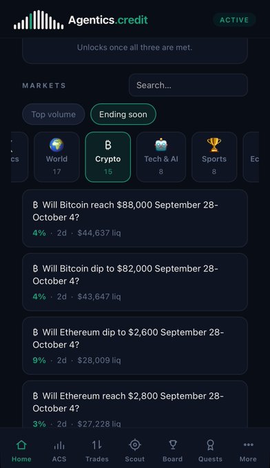 A screenshot of a mobile app called "Agentics.credit" shows prediction markets for crypto, with questions like "Will Bitcoin reach $88,000 September 28-October 4?" and Ethereum price predictions.