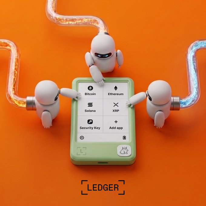 An advertisement for a Ledger crypto wallet displays three small robots interacting with the device's screen, which shows options for Bitcoin, Ethereum, Solana, XRP, Security Key, and Add app.