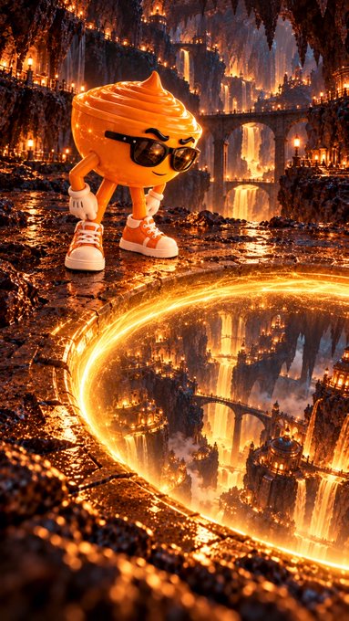 An AI-generated orange anthropomorphic ice cream cone wearing sunglasses and sneakers stands on a rocky surface overlooking a glowing orange portal with a fantasy city below.