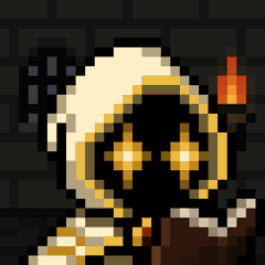A low-resolution pixel art character with a skull-like face, glowing orange eyes, and what appears to be a red item on their head.