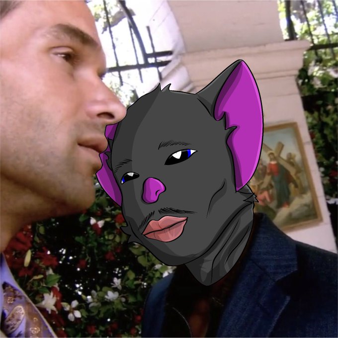 A man kissing a cartoon-like figure with a gray and purple animal head on the cheek, set against a background of flowers and a painting.
