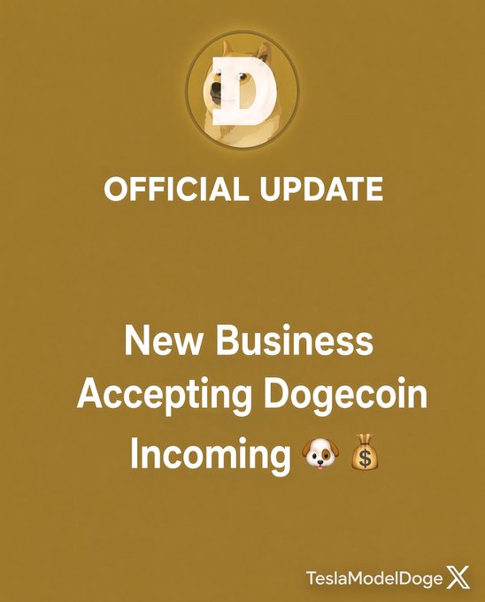 An official update graphic with a Dogecoin logo reading 'New Business Accepting Dogecoin Incoming' with dog and money bag emojis, credited to 'TeslaModelDoge'.