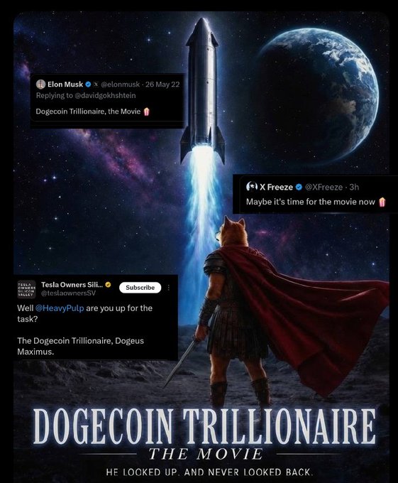 The image features a poster for a movie called "DOGE coin Tribute", which is about a man who becomes rich by investing in Dogecoin, a cryptocurrency. The poster includes a photo of a man dressed as a lion with a cape, standing on a rocky surface and holding a sword. There are also several Twitter mentions related to the movie, including one from someone named "Elon Musk" and another from someone named "Tesserae".