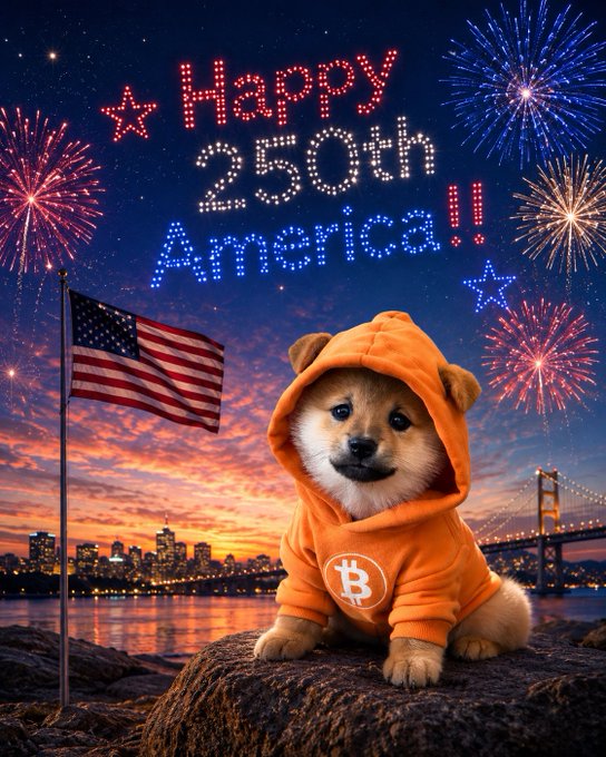 A Shiba Inu wearing an orange Bitcoin hoodie sits against a sunset skyline with an American flag, fireworks, and illuminated text reading "Happy 250th America!!" The image ties the post's patriotic celebration to themes of Bitcoin and financial freedom.