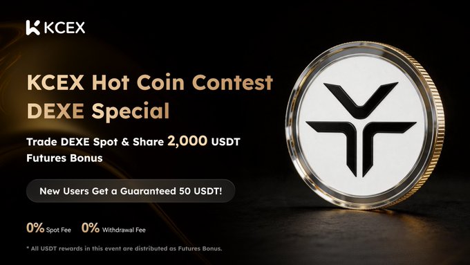 The image displays a coin contest poster for KCEX's Hot Coin Mining Contest. The background features a dark color, contrasting with the white text, which announces the event as an "KCEX Hot Coin Mining Contest" special event centered around the trading of "DEXE Special Trade". The image also showcases a gold coin that has been awarded the "Y" symbol on it and is currently displaying a maximum mining reward of $2,000.00 for new users who can take part in this special promotion while still retaining their existing funds.