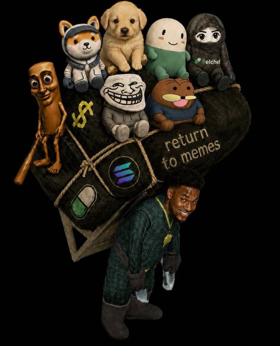 A 3D-rendered image shows a smiling figure carrying an oversized sack overflowing with classic internet meme characters—including Doge, the Trollface, Soyjak, Cheems, and others—labeled with "return to memes" text, the $ANSEM logo, and a Solana ticker, visually symbolizing the post's call to revive meme coin culture.