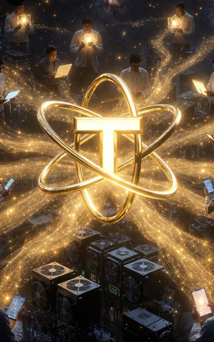 A glowing golden 'T' symbol surrounded by atomic orbits hovers above a network of mining rigs, while workers in the background interact with laptops amid swirling golden particles.