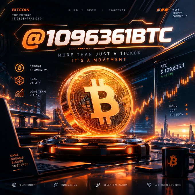 A futuristic Bitcoin promotional graphic displays '@1096361BTC' with the text 'MORE THAN JUST A TICKER IT'S A MOVEMENT' and BTC price ticker showing $109,636.1.