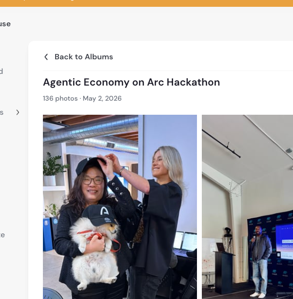 Screenshot of an album titled 'Agentic Economy on Arc Hackathon' containing 136 photos dated May 2, 2026, featuring people at an event.