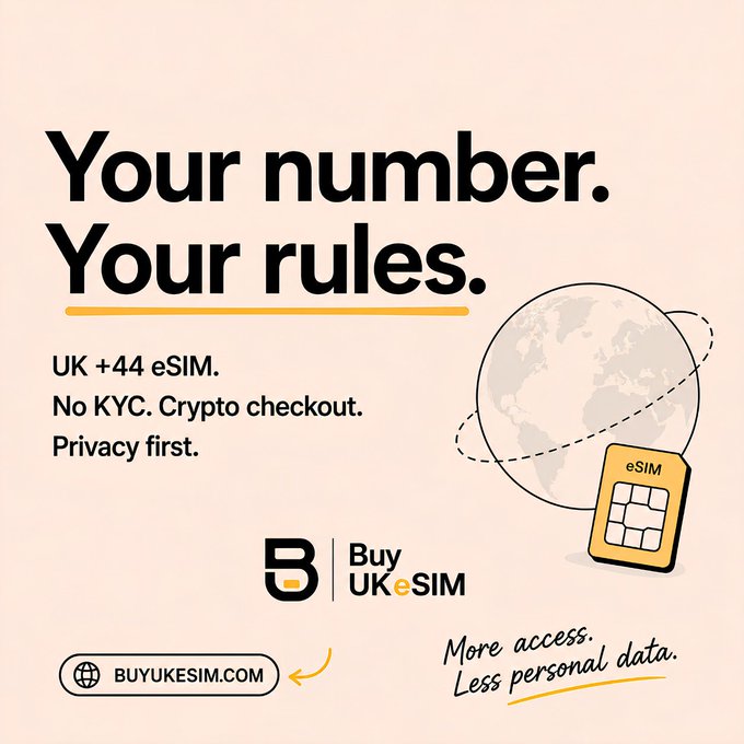 An advertisement for Buy UK eSIM with the tagline 'Your number. Your rules.', promoting UK +44 eSIM with no KYC, crypto checkout, and privacy focus, with website BUYUKESIM.COM.