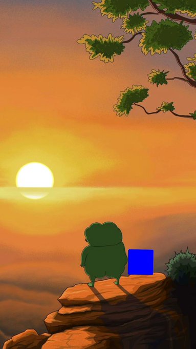 A small green cartoon frog stands on a rocky cliff next to a blue cube, watching a vibrant sunset over the horizon with tree branches overhead.