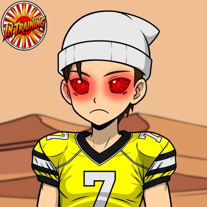 An animated character wearing a yellow sports jersey with the number 7 and a white beanie has glowing red eyes, with an 'IN-TRAINING' logo in the top left.