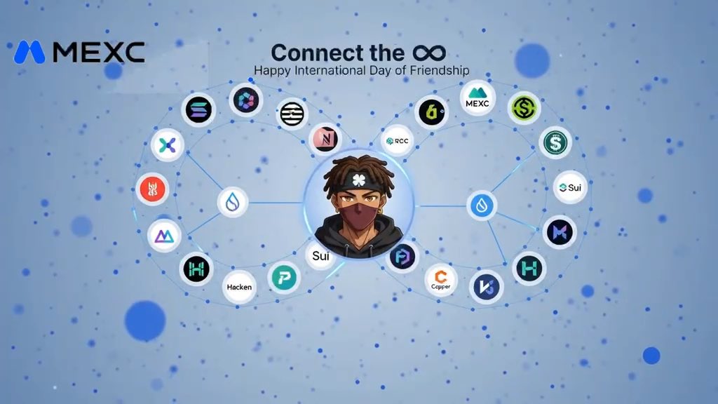 A promotional graphic for MEXC exchange titled 'Connect the ∞ - Happy International Day of Friendship' showing a central character connected to various cryptocurrency logos like Sui, Bitcoin, and Ethereum.
