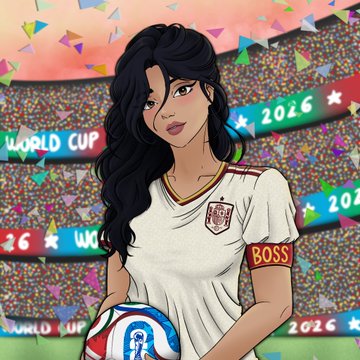 An anime-style illustration of a woman with long dark hair in a white soccer jersey labeled 'BOSS' holding a soccer ball, with 'World Cup 2026' banners in the background.