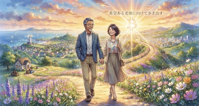 An illustrated elderly couple walks hand-in-hand along a path through blooming flowers toward a glowing sunset, with Japanese text reading '希望ある老後に向けて歩き出す…' above them.
