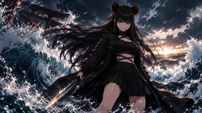 An anime-style illustration of a dark-haired girl in gothic attire holding a sword, standing amid crashing ocean waves with a torii gate visible in the background.