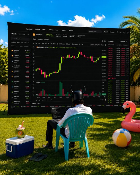 A trader wearing a viking helmet sits in a lawn chair outdoors in front of a massive screen displaying the Bitcoin (BTC) candlestick chart at $64,718, complete with a flamingo pool float and tropical drinks nearby—ironically illustrating the post's message that while charts like these provide objective data on BTC/USDT price action and volume, traders who trade on emotion (or whimsy) instead of following market signals with a researched plan will ultimately get burned.